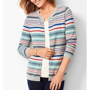 Talbots Fair Isle Stripe Cardigan Grey Red Blue Lambswool Knit Hearts Valentines